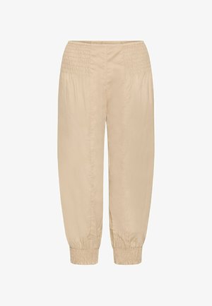 Svijetlosmeđi hlače s gumbom na struku, labavog kroja i elastičnim manžetama. Izrađene od glatkog, laganog materijala.