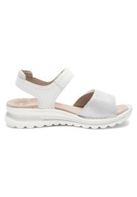 White and silver women’s sandal with cushioned sole, adjustable ankle strap, and textured outsole for grip and comfort.