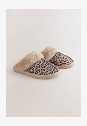 Papučky so vzorom leopardej s potláčou, s mäkkou béžovou umelou kožušinkou vo vnútri, ohybnou podrážkou a zaobleným tvarom pre pohodlie a teplo.