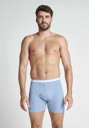 Mężczyzna z brodą stojący, ubrany w jasnoniebieskie bokserki, neutralny wyraz twarzy, jednolite jasnoszare tło.