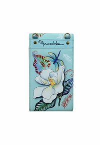 Hellblaues Lederportemonnaie mit bunten Blumen- und Blätterdesigns, versehen mit einer auffälligen weißen Blume und dekorativen Hardware-Akzenten.