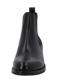 Schwarze Leder-Stiefelette mit glatter Oberfläche, elastischen Seitenpaneelen und leicht abgerundetem Zeh. Verfügt über eine verstärkte Ferse und eine niedrige Gummisohle.