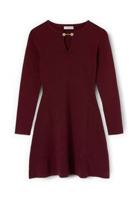Abito lungo bordeaux con maniche lunghe e scollatura rotonda, dotato di un'apertura a chiave e due dettagli con bottoni dorati. Tessuto a maglia morbido con gonna svasata.