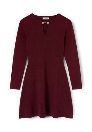 Abito lungo bordeaux con maniche lunghe e scollatura rotonda, dotato di un'apertura a chiave e due dettagli con bottoni dorati. Tessuto a maglia morbido con gonna svasata.