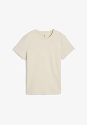 Jasno beżowa koszulka z krótkim rękawem, wykonana z teksturowanej tkaniny, z okrągłym dekoltem i subtelnym logo na lewej stronie klatki piersiowej.