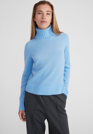Maglione a collo alto di color azzurro chiaro con polsini e orlo a coste, realizzato in un materiale morbido. Presenta un design aderente con maniche lunghe.