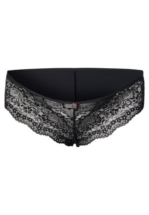 Black lace underwear featuring a floral pattern, seamless edges, and a small decorative button at the front center.