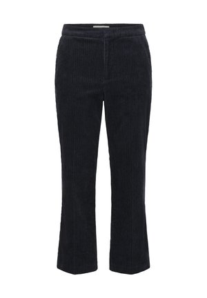Dunkelblaue Cord-Hosen mit vertikal geripptem Muster, Taillenbund und geradem Bein. Keine sichtbaren Taschen oder Metallteile.