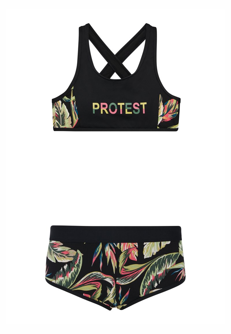 Musta bikinitsetti, jossa on ristiselkäinen yläosa, jossa on "PROTEST"-logo ja lehtikuvioprintejä, yhdistettynä yhteensopiviin alaosiin, joissa on elinvoimaisia lehtimalleja.