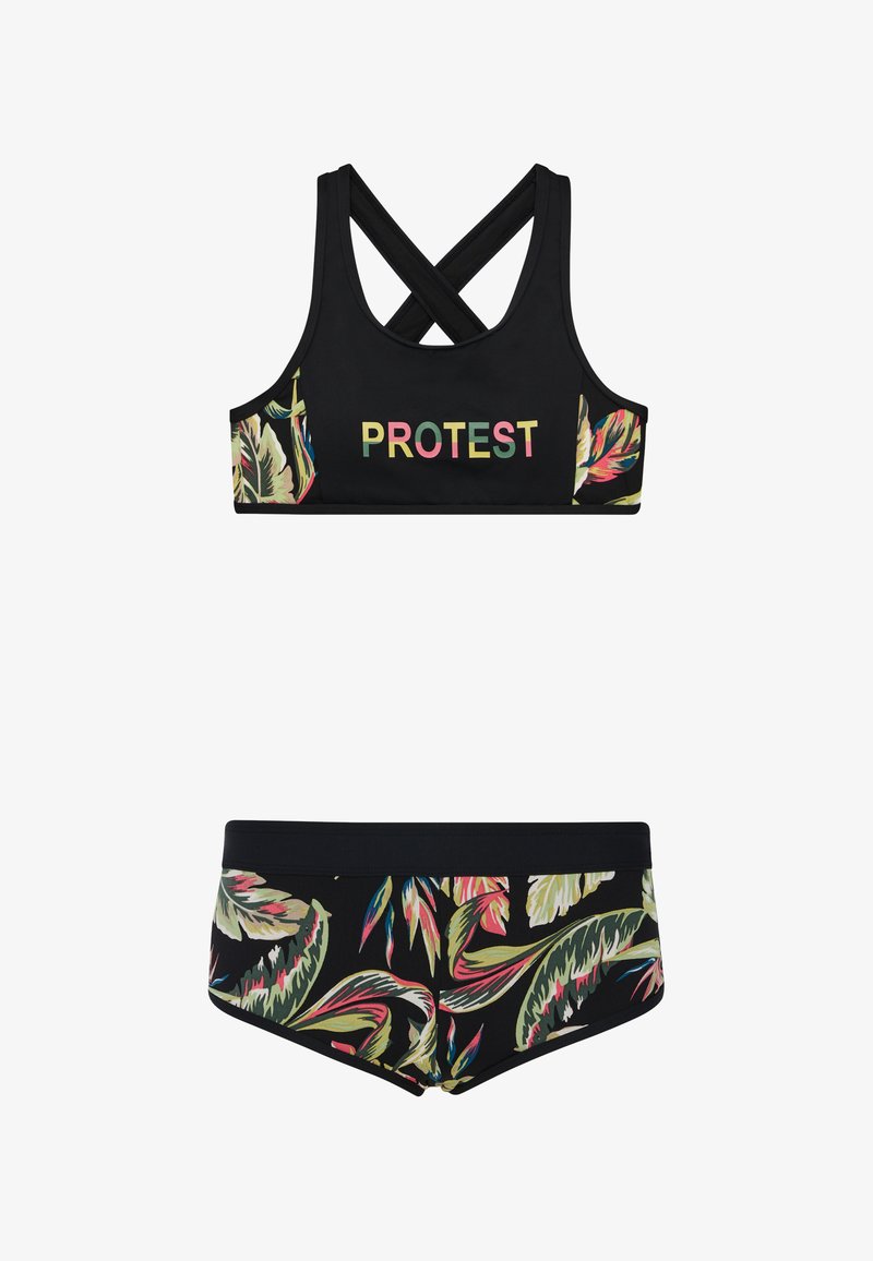 Sort bikini sæt featuring et kryds-bag top med "PROTEST" logo og bladtryksdetaljer, parret med matchende bund med levende bladmønstre.