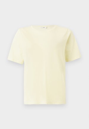 Short-sleeve, crew neck plain light yellow unisex T-shirt, displayed on a white background.