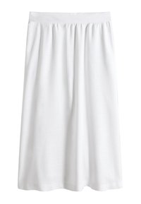 Hvid knælængde nederdel med elastik i taljen, lavet af letvægtsstof med en glat tekstur uden synlige mønstre eller detaljer.