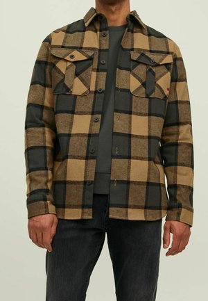 Homme portant une chemise à carreaux marron et noir par-dessus un t-shirt vert foncé et un jean noir, se tenant devant un fond uni.