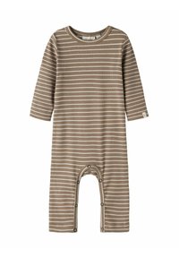 Šviesiai rudos spalvos romperis su baltais horizontaliais dryžiais. Turi apvalų kaklą ir spaudžiamus užsegimus apačioje, kad būtų lengva rengti.