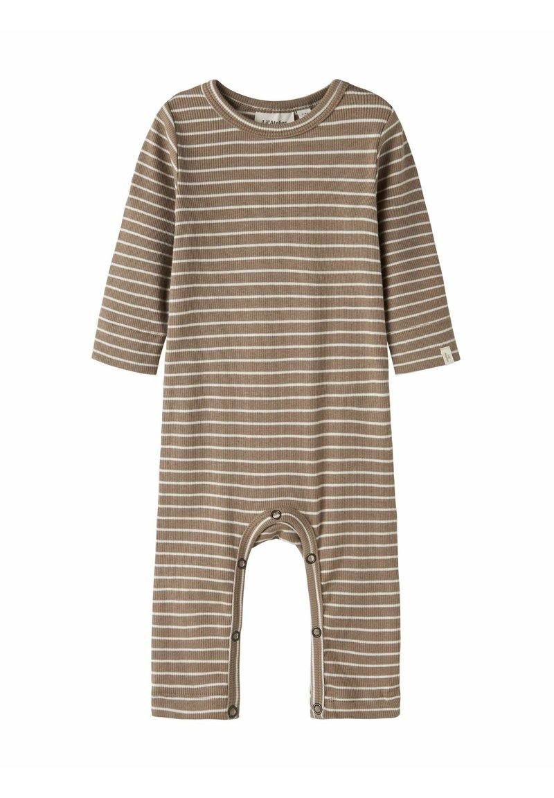 Šviesiai rudos spalvos romperis su baltais horizontaliais dryžiais. Turi apvalų kaklą ir spaudžiamus užsegimus apačioje, kad būtų lengva rengti.