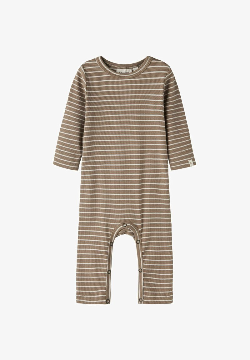 Šviesiai rudos spalvos romperis su baltais horizontaliais dryžiais. Turi apvalų kaklą ir spaudžiamus užsegimus apačioje, kad būtų lengva rengti.