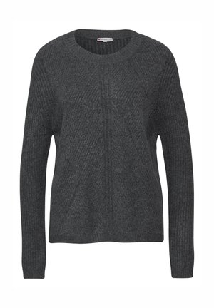 Mørkegrå strikket sweater med lange ærmer, rund halsudskæring og ribstrikket tekstur, mærke Street One.
