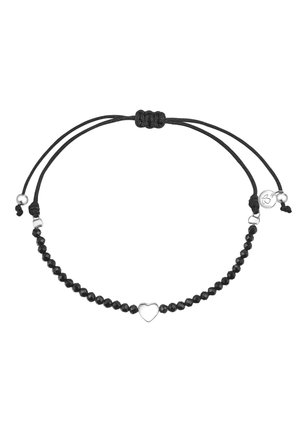 Black beaded adjustable bracelet with a central silver heart charm and small silver accents on a black cord.