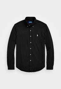 Camisa negra de manga larga con botones, cuello y logo bordado en blanco de Polo Ralph Lauren en el lado izquierdo del pecho.
