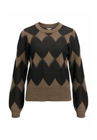 Strikket sweater med et geometrisk mønster i sort og beige, med rund hals, ribstrikkede manchetter og kant. Strukturstoffet tilføjer dybde.