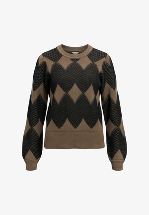 Stickad tröja med ett geometriskt mönster i svart och beige, med rund hals, ribbade ärmslut och nederkant. Texturerad tyg ger djup.