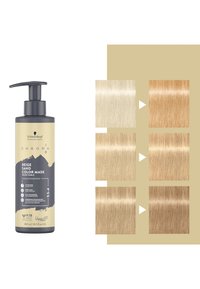 Schwarzkopf Chroma ID Beige Sand Color Mask in einer zylindrischen schwarzen und goldenen Pumpflasche. Zeigt fünf Haarfarbmuster von hellem bis dunklem Beige.