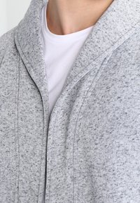 Gray, textured hoodie with a soft, speckled appearance, featuring a shawl collar and a front zipper. Worn over a white shirt.
