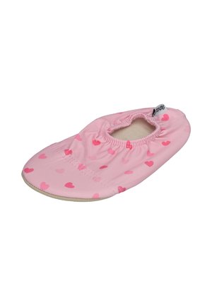 Pink fabric baby slipper with red heart patterns and elastic opening for secure fit, displayed on a white background.