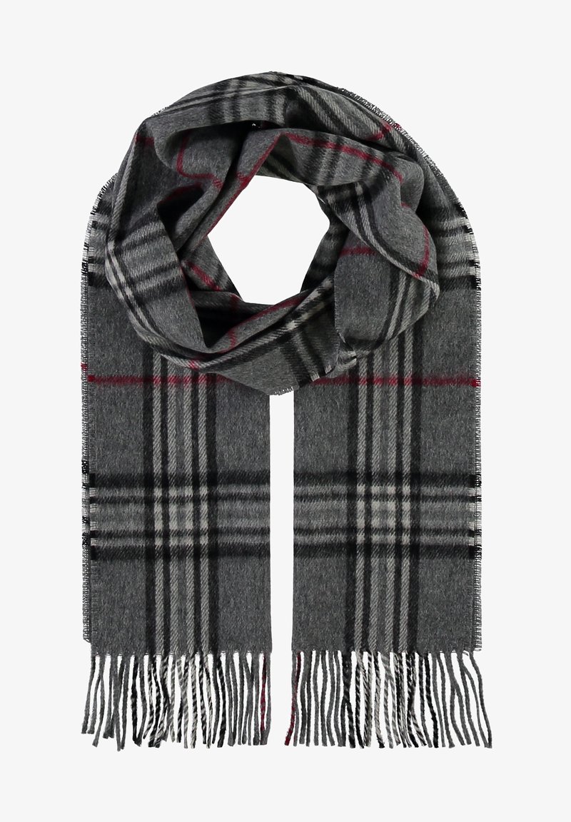 Écharpe en laine grise avec un motif à carreaux noir et rouge, ornée de bords frangés pour une texture et un détail supplémentaires.