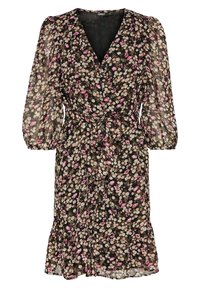 Schwarzes Blumenkleid mit Wickeldesign, langen Puffärmeln, tailliertem Gürtel und Rüsche am Saum. Verziert mit mehrfarbigen kleinen Blumenmustern.