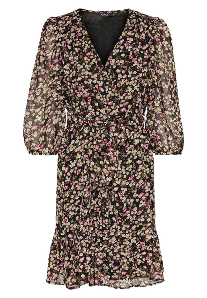 Schwarzes Blumenkleid mit Wickeldesign, langen Puffärmeln, tailliertem Gürtel und Rüsche am Saum. Verziert mit mehrfarbigen kleinen Blumenmustern.