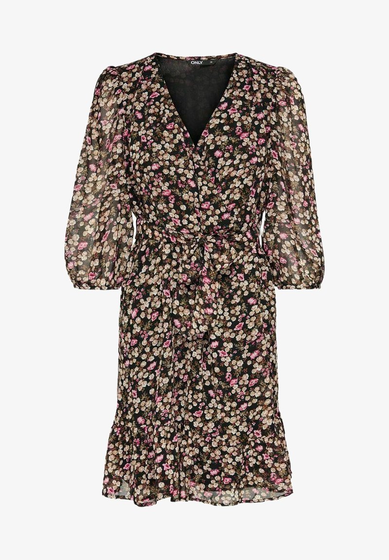 Schwarzes Blumenkleid mit Wickeldesign, langen Puffärmeln, tailliertem Gürtel und Rüsche am Saum. Verziert mit mehrfarbigen kleinen Blumenmustern.