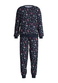 Marineblauw pyjama set met een langemouwen top en bijpassende broek, versierd met feestelijke patronen van notenkrakers, sneeuwvlokken en hulst.