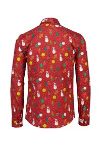 Rode lange mouwen shirt met een feestelijke print van sneeuwmannen, peperkoekmannetjes, ornamenten en hulstbladeren; de stof heeft een gestructureerde afwerking.