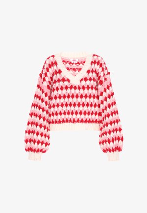 Rdeča in roza vzorčasta pletena bunda z V-izrezom, napihnjenimi dolgimi rokavi in rebrastim robom. Mehka materiala s teksturiranim, dvignjenim dizajnom.