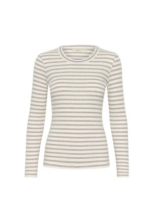 Halenka s dlouhým rukávem v krémové barvě s šedými horizontálními pruhy. Má kulatý výstřih a přiléhavý střih. Vyrobena z měkké, texturované tkaniny.