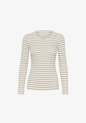 Halenka s dlouhým rukávem v krémové barvě s šedými horizontálními pruhy. Má kulatý výstřih a přiléhavý střih. Vyrobena z měkké, texturované tkaniny.