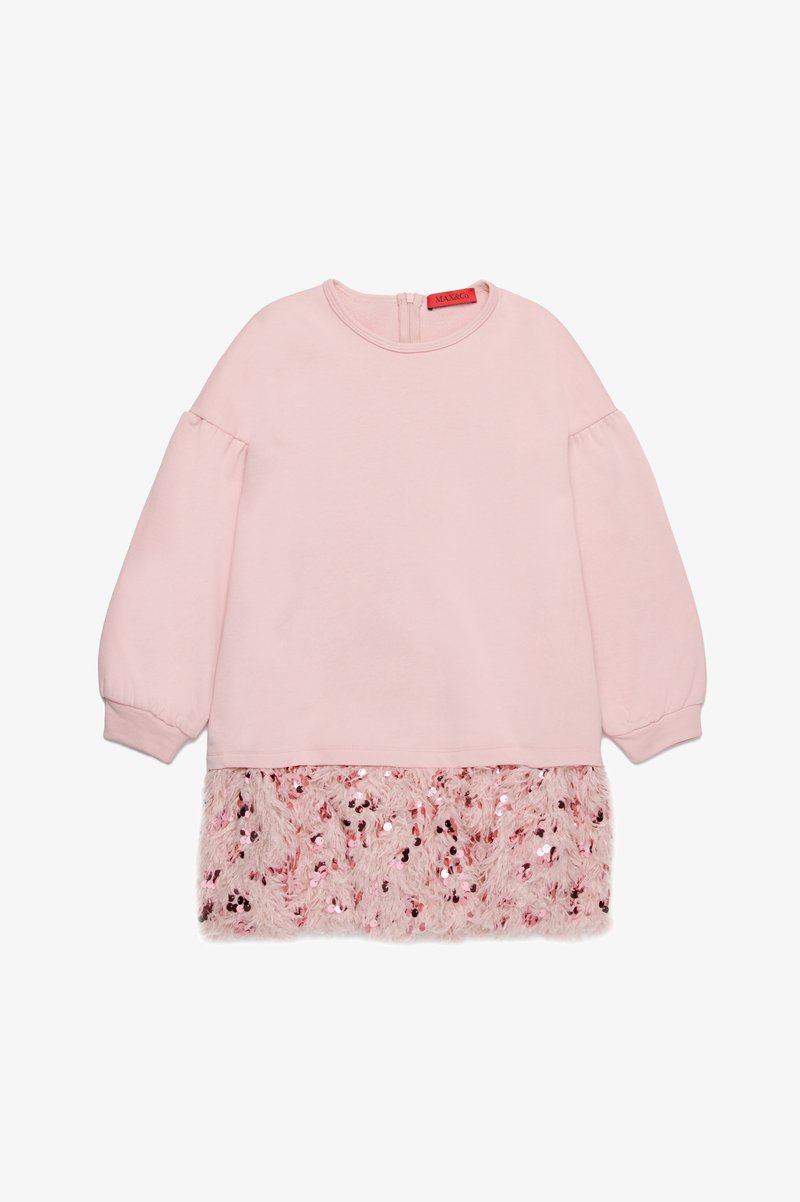 Sweatshirt rosa claro com mangas bufantes, apresentando uma parte inferior peluda decorada com lantejoulas rosas e prateadas. Fecho de zip nas costas.