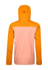 Wasserfeste Jacke mit orangefarbenem oberen Abschnitt und pinkfarbenem unteren Abschnitt. Verfügt über eine Kapuze, glatte Textur und ein Logo auf dem Rücken.