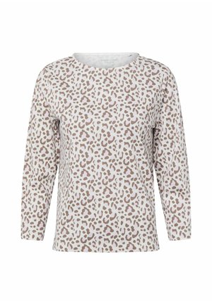 Long-sleeve top in soft fabric featuring a white base with a light brown animal print pattern, round neckline, and relaxed fit.