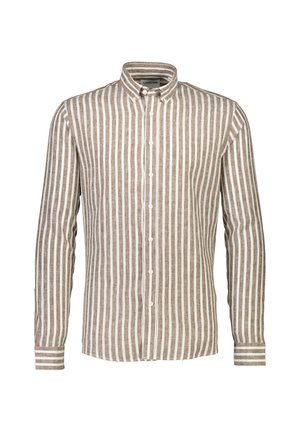 Langarmbutton-up shirt in bruin en witte verticale strepen, gemaakt van lichtgewicht stof met een ronde kraag en knoopsluiting.