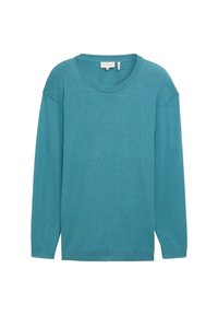 Zielony sweter z długim rękawem wykonany z miękkiego materiału, z okrągłym dekoltem i luźnym krojem, posiadający prążkowane mankiety i dół. Bez wzorów ani dodatków.