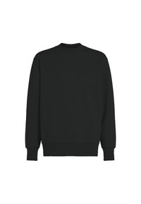 Sudadera negra de tela suave, con mangas largas, escote redondo y un pequeño logo en relieve en el pecho.