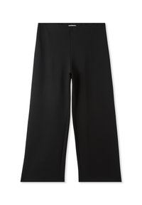 Pantaloni neri a gamba larga realizzati in tessuto liscio con vita alta e senza cuciture visibili, che offrono una vestibilità ampia e confortevole.