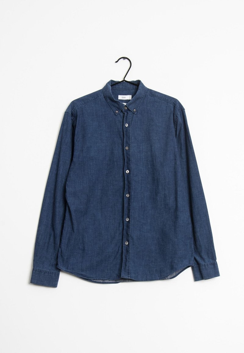 Mörkblå långärmad skjorta med knappar som är gjord av denimtyg, med krage, framknappar och rundad fåll.