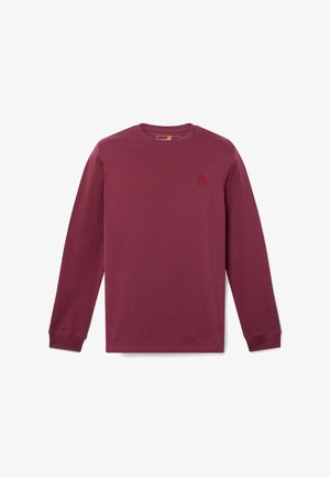 T-shirt in cotone a maniche lunghe color bordeaux con scollo rotondo e un piccolo logo rosso sul lato sinistro del petto. Texture morbida e vestibilità standard.