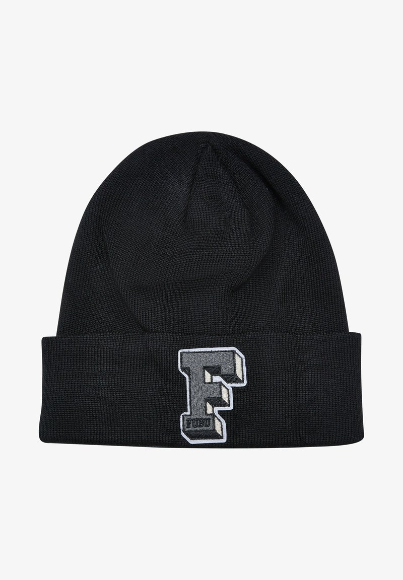 Must must-beanie, mille ilma rullita; sisaldab brodeeritud halli tähega "F" valge äärisega; tekstureeritud materjal ja tihedalt istuv disain.
