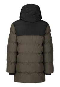 Pufferjack met een zwart bovenstuk en een olijfgroen onderstuk. Voorzien van een capuchon, gestikte ontwerp en elastische manchetten.
