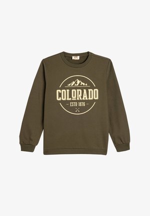 Oliven grøn sweatshirt med lange ærmer, ribbede manchetter og hals, med en beige grafisk tryk af bjerge og "COLORADO ESTD 1876."