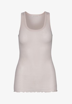 Svetle růžové tílko vyrobené z hladké tkaniny. Má výstřih do véčka, široká ramínka a mírně zvlněný lem.